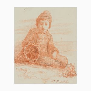 L. Browne, niño pescador sentado en la playa, 1853, tiza sobre papel