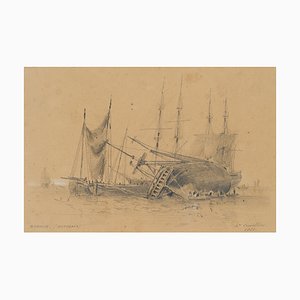 H. Cuvillier, Sailing ship keelhauling on the beach, 1853, Pencil