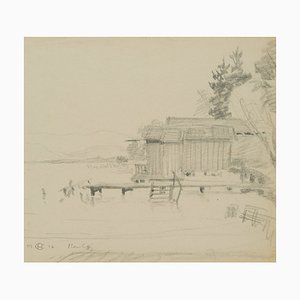 H. Christiansen, Pasarela y cabañas en el lago Starnberg, 1917, Lápiz