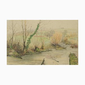 H. Christiansen, Paysage de ruisseau avec des saules près d'un pré de fruits tombés, 1917, Pencil