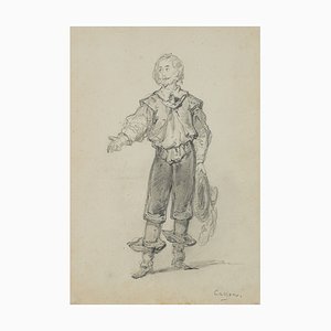 Cavalier avec Chapeau Dessiné, Étude de Costume, 19ème Siècle, Crayon
