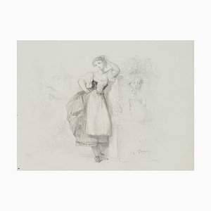 Posing Traditional Costume Girl at the Fountain, 19th-Century, Pencil