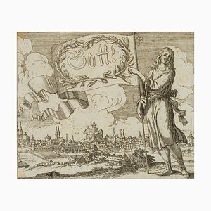 J. Meyer, Flag Bearer in Front of City Veduta, 17th-Century, Etching