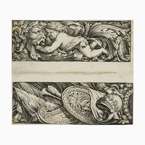 J. Meyer, Design of a Frieze With Putto, Leaf Mask and Arms as Butin of War, 17th-Century, Gravure