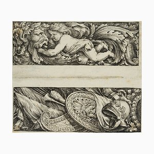 J. Meyer, Design of a Frieze With Putto, Leaf Mask and Weapons as Spoils of War, 17th-Century, Etching