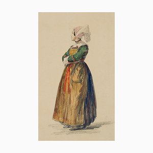 F. Perrot, Girl in French Costume, 19th-Century, Pencil