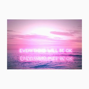 Artur Debat, Everything Will Be Ok Message During Covid Pandemic with Neon Lights in Sunset Seascape, Photograph