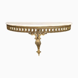 Wall-Mounted Brass Console Table with Demilune Portuguese Pink Marble Top, Italy