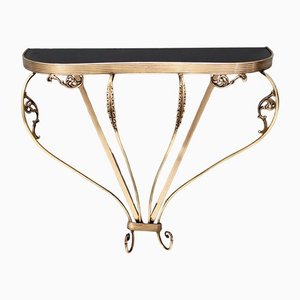 Wall-Mounted Brass Console Table with Demilune Black Glass Top, Italy