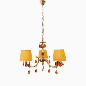 Cast Brass Chandelier with Amber Crystals and Organza Shades