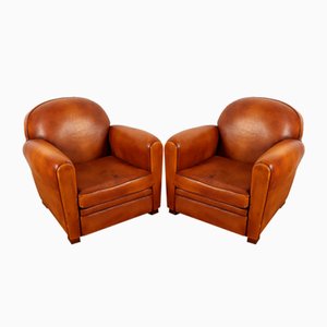 Art Deco Leather Club Chair, France, Set of 2