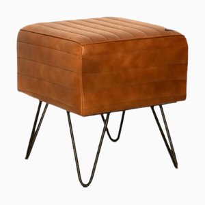 Contemporary Leather Pouf with Metal Legs
