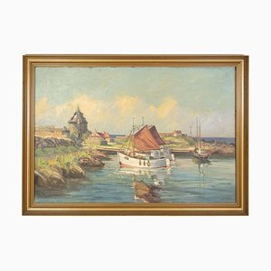 Fishing Boats Near Shore, 1930s, Oil on Canvas, Framed