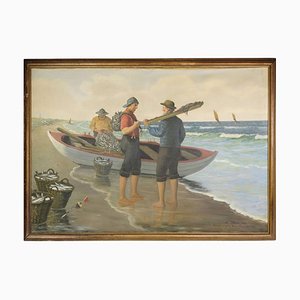 Dos pescadores con un barco y un mar, años 20, óleo sobre lienzo, enmarcado