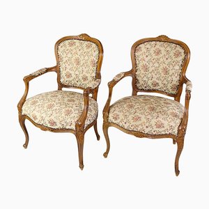 Neo-Rococo Armchairs in Decorated Fabric & Light Wood, Set of 2
