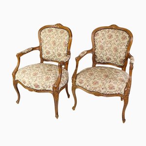 Set of Neo-Rococo Armchairs in Decorated Fabric & Light Wood