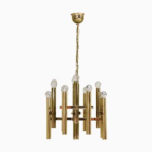 Italian Brass Chandelier 12 Spot Pendant Lamp by Gaetano Sciolari, 1970s
