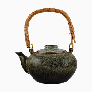 Chinese Teapot in Glazed Stoneware with Wicker Handle, 20th Century