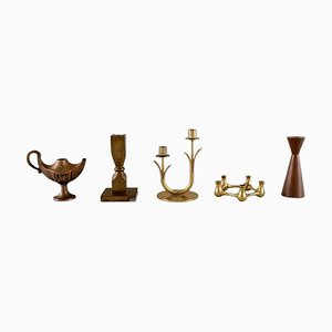 Oil Lamp and Four Candlesticks in Brass by Various Makers Including Quistgaard & Ystad Metall, Set of 5