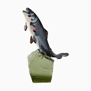 Swedish Fish in Glazed Ceramic on Mouth-Blown Art Glass Base, 1960s