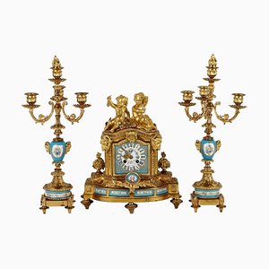 Triptych Clock in Gilded Bronze & Candle Holders, Set of 3