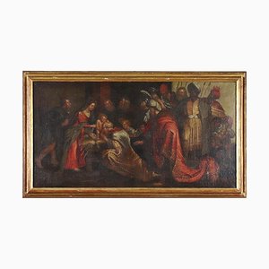 Adoración de los magos, siglo XVII, óleo sobre lienzo, enmarcado