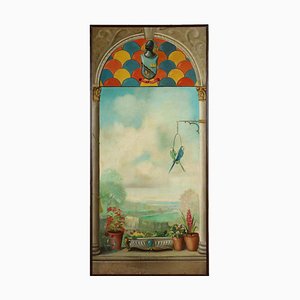 Trompe Loeil con paisaje y pájaros, óleo sobre faesite, enmarcado