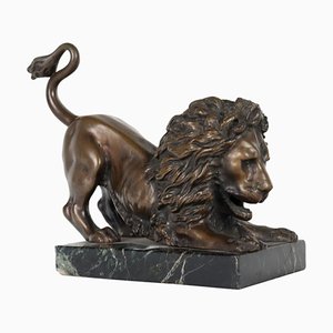 Lion en Bronze sur Socle en Marbre