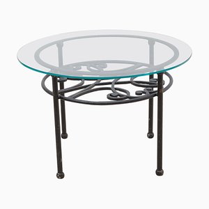 French Wrought Iron Round Coffee Table with Glass Top, 1960s