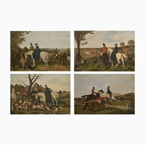 JF Hareng, Scènes de Chasse, 19ème Siècle, Gravures, Encadrée, Set de 4