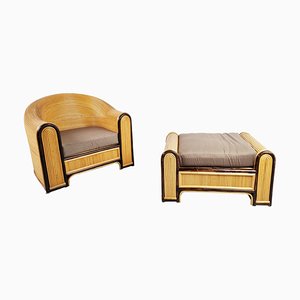 Vintage Sessel aus Bambus mit Hocker, 1970er, 2er Set