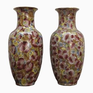 Vintage Porcelain Vases Painted With Flowers, Set of 2