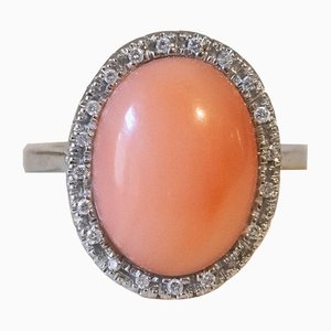 Vintage Daisy Ring in 18K White Gold with Coral and Diamonds, 1960s