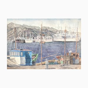 Pierre Desaules, Liner, Santa Cruz De Tenerife, 1953, Gouche on Paper