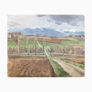 Isaac Charles Goetz, À travers champs et vue sur la montagne, 1950, Oil on Canvas