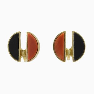 Boucles d'Oreilles en Or Rose et Boutons en Moitié Onyx, Bouton en Corail Rouge, Set de 2