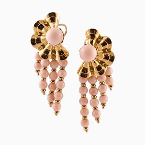Pink Coral Sphere & 18K Yellow Gold Dangle Clip-On Earrings, Set of 2