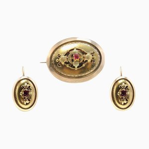 Spilla e orecchini vittoriani in oro giallo e rubino, set di 2