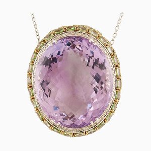 Halskette mit Anhänger aus Weißem Diamanten, Grünem Saphir, Amethyst & Weißgold