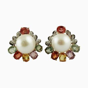 Diamond, Multi-Colored Sapphire, Pearl & Rose Gold Earrings, Set of 2