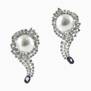 Diamond, Blue Sapphire, White Pearl & 18 Karat White Gold Earrings, Set of 2