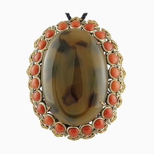 Diamond, Yellow Sapphire, Red Coral Drop, Gold & Silver Pendant Necklace or Brooch