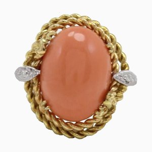 Orange Coral Button, Diamond & 18K Yellow Gold Dome Ring