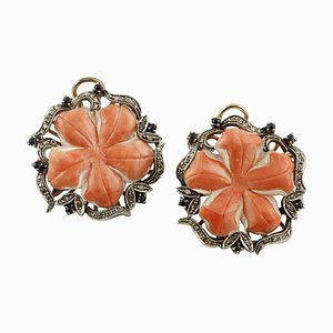 Red Coral Flower, Diamond, Blue Sapphire, 9K Rose Gold and Silver Earrings, Set of 2
