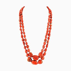 Rote Koralle, Diamant, Roségold und Silber Doppelstrang Halskette