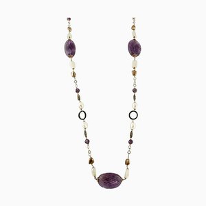 Amethyst, Pearl, Onyx, Hard Stone, 9 Karat Rose Gold and Silver Long Necklace