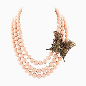 Collier en Diamant, Saphir Multicolore, Pierre Rose et Or Rose avec Fermeture en Argent