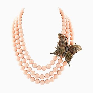 Diamant, Mehrfarbiger Saphir, Rosa Stein & Roségold Perlen Halskette mit Silberverschluss