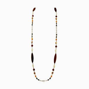 Lange Halskette aus Perle, Orange Koralle, Weißem Stein, Roségold und Silber