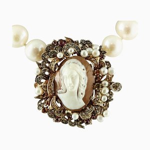 Diamond, Garnet, Topaz & Australian Pearl Beaded Cameo Necklace